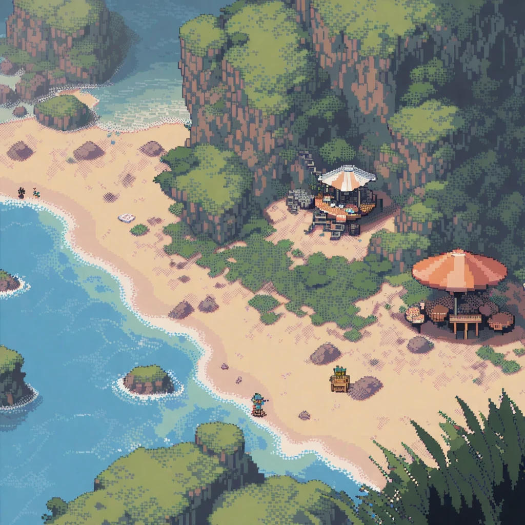 (masterpiece, best quality:1.2), pixel art,landspace,beach, ciudad