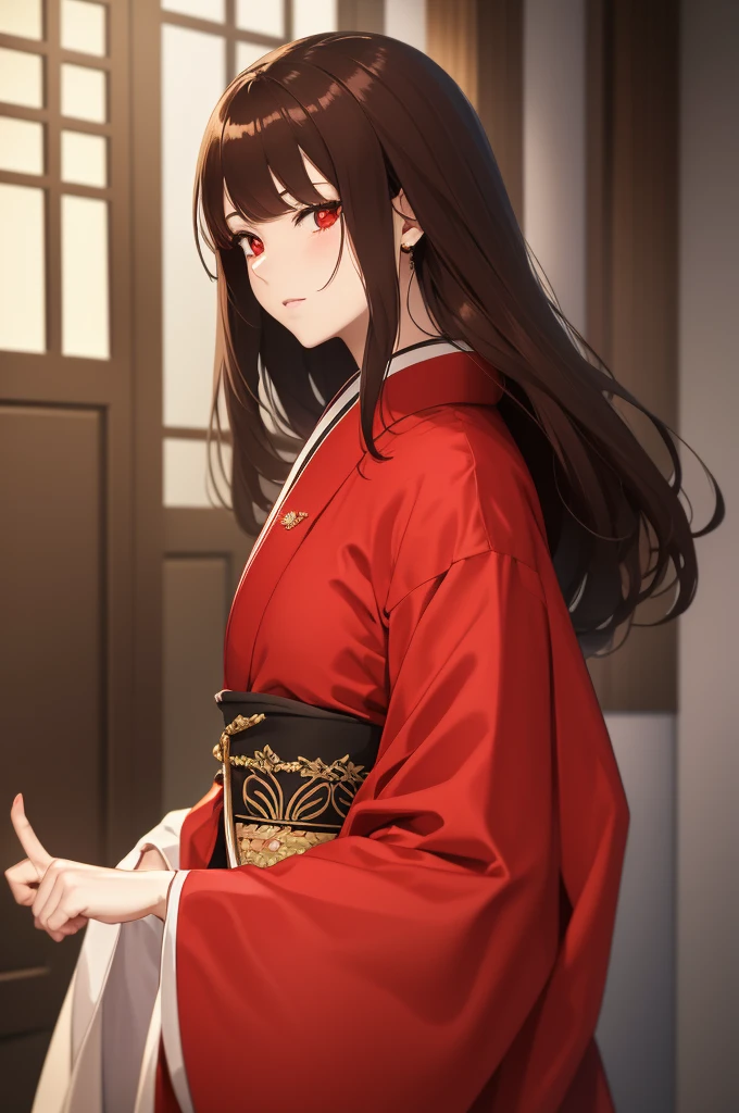 make a character well dressed with red and scarlet eyes and beautiful brown hair and well dressed in a kimono and a look of superiority of arrogance as if she were a goddess