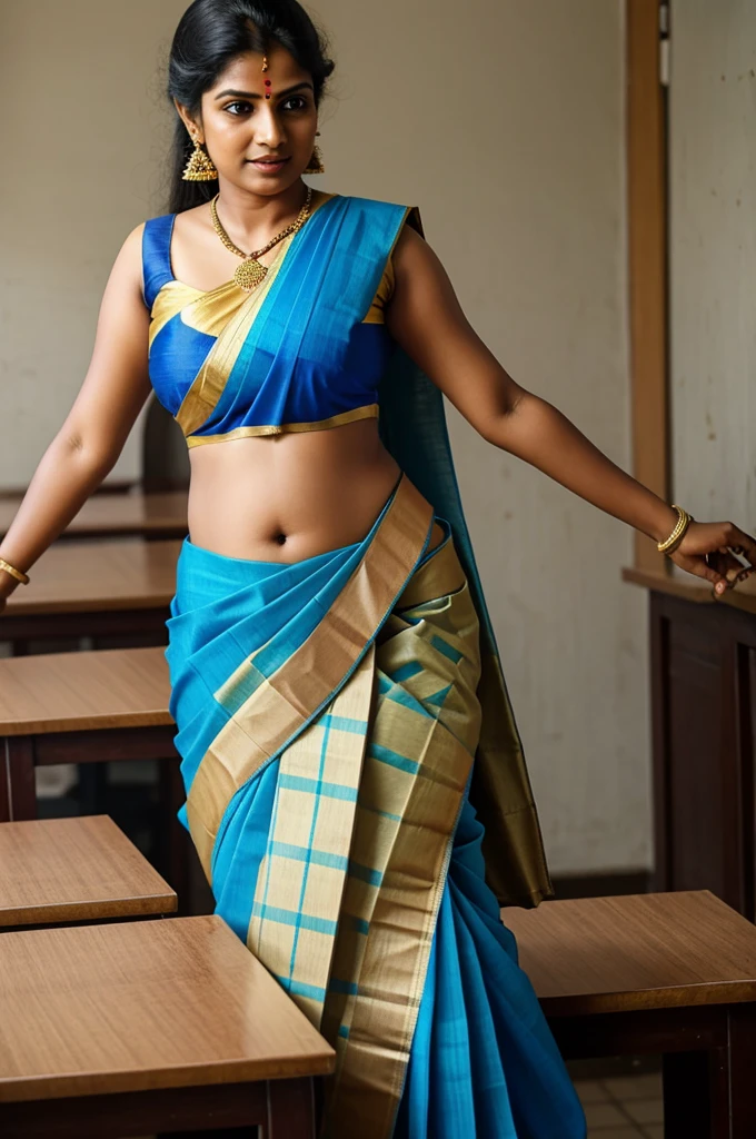 Traditional kerala teacher in blue sleeveless saree below navel in class