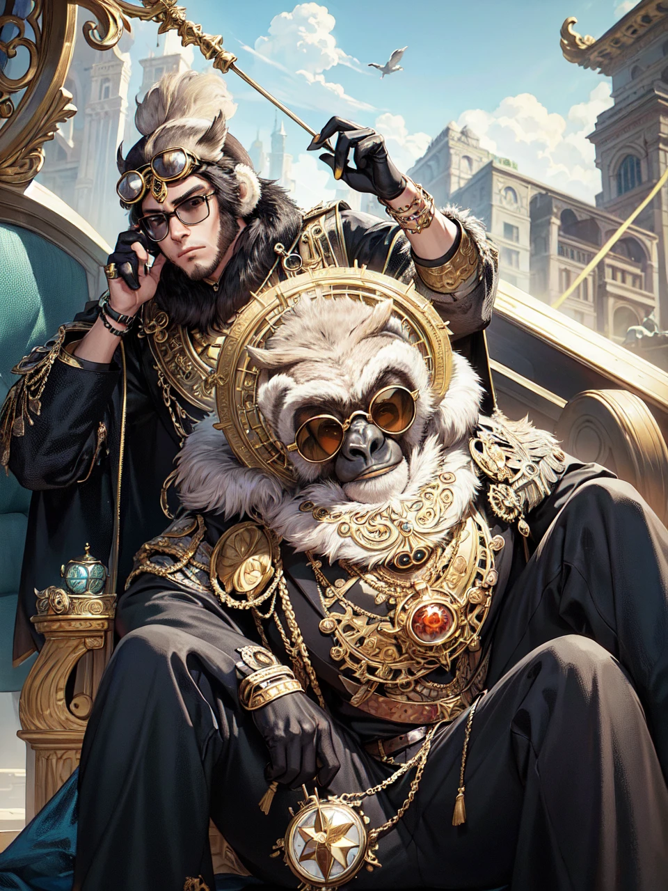 masterpiece, best quality, photorealistic ,fashionmonkey, gorilla, eyewear on head, gears, gem, goggles , gold, jewelry, magic circle,male_focus, owl, pants, shoes, sunglasses, tassel, throne,
 