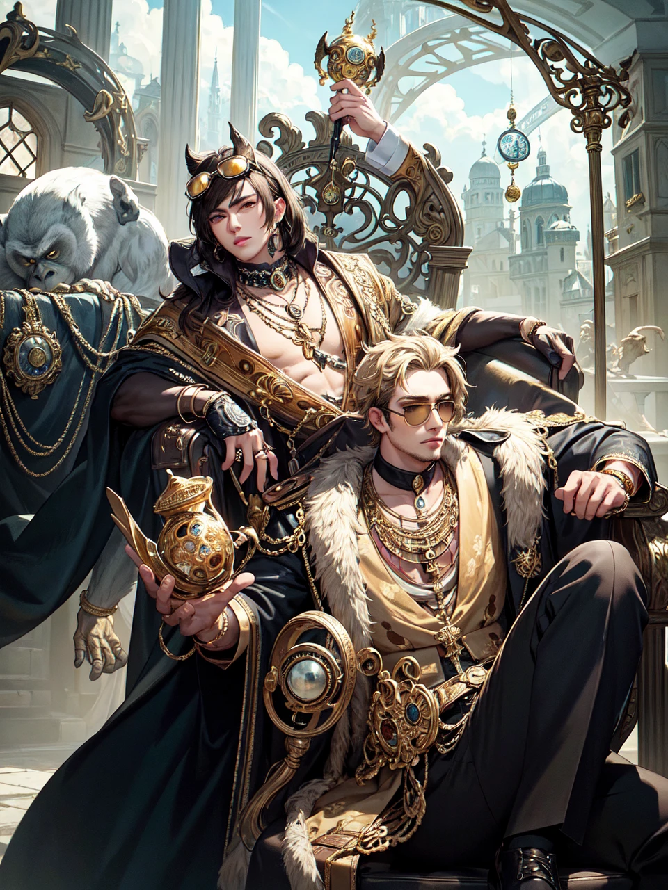 masterpiece, best quality, photorealistic ,fashionmonkey, gorilla, eyewear on head, gears, gem, goggles , gold, jewelry, magic circle,male_focus, owl, pants, shoes, sunglasses, tassel, throne,
 