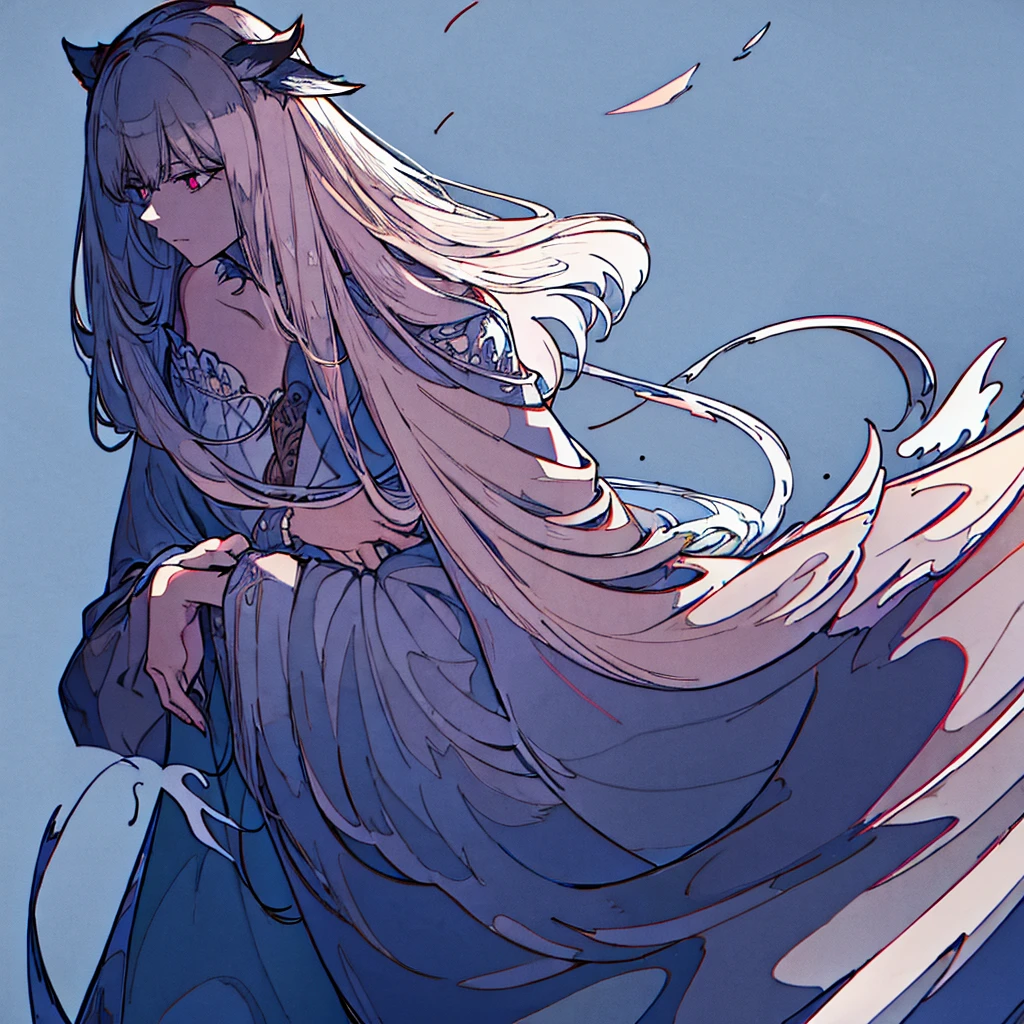 a female werewolf with long white messy hair, wearing a long-sleeved white shirt and tight black pants, with long pointed wolf-like ears, red or pink eyes, and a long fluffy white wolf tail, barefoot with wolf-like feet, slender physique, intense unsettling gaze, (best quality,4k,8k,highres,masterpiece:1.2),ultra-detailed,(realistic,photorealistic,photo-realistic:1.37),HDR,UHD,studio lighting,ultra-fine painting,sharp focus,physically-based rendering,extreme detail description,professional,vivid colors,bokeh,portrait,dark fantasy,dramatic lighting