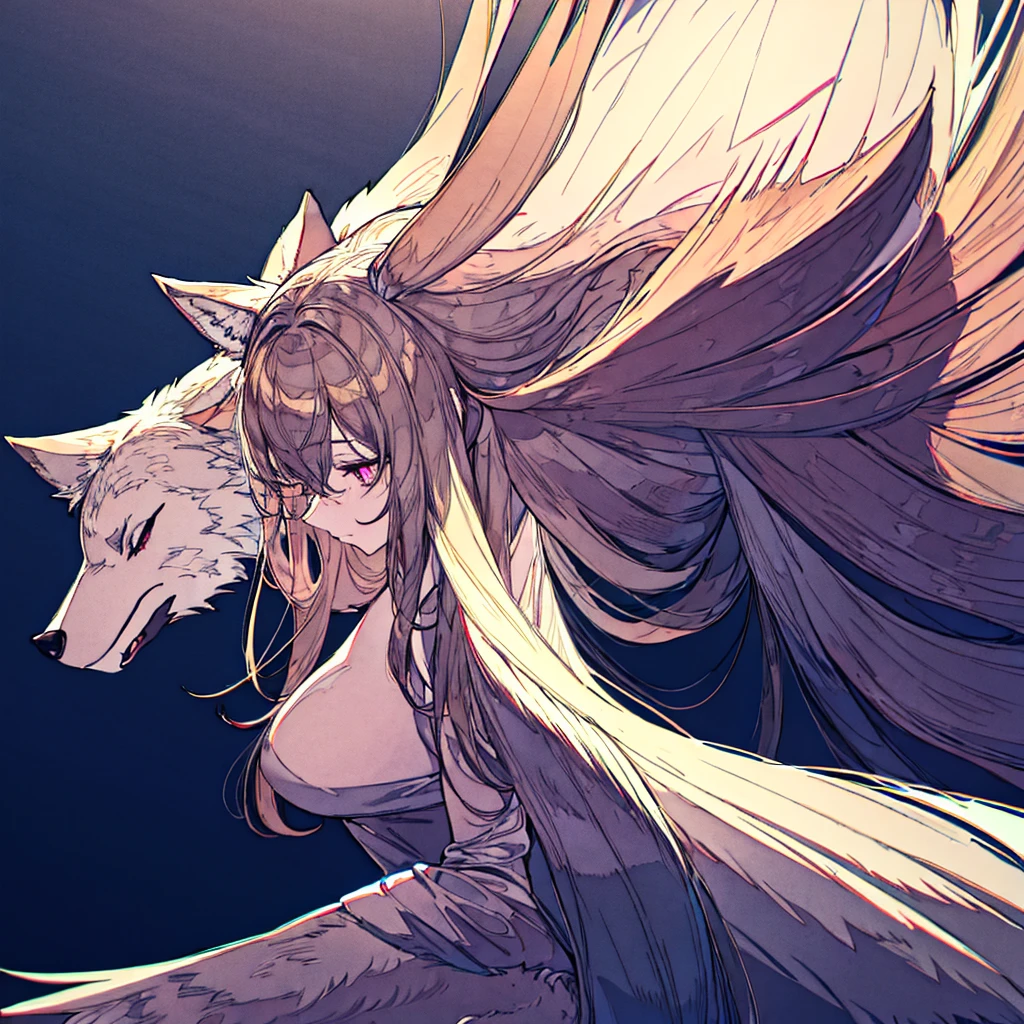 a female werewolf with long white messy hair, wearing a long-sleeved white shirt and tight black pants, with long pointed wolf-like ears, red or pink eyes, and a long fluffy white wolf tail, barefoot with wolf-like feet, slender physique, intense unsettling gaze, (best quality,4k,8k,highres,masterpiece:1.2),ultra-detailed,(realistic,photorealistic,photo-realistic:1.37),HDR,UHD,studio lighting,ultra-fine painting,sharp focus,physically-based rendering,extreme detail description,professional,vivid colors,bokeh,portrait,dark fantasy,dramatic lighting