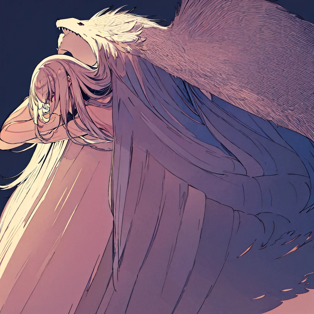 a female werewolf with long white messy hair, wearing a long-sleeved white shirt and tight black pants, with long pointed wolf-like ears, red or pink eyes, and a long fluffy white wolf tail, barefoot with wolf-like feet, slender physique, intense unsettling gaze, (best quality,4k,8k,highres,masterpiece:1.2),ultra-detailed,(realistic,photorealistic,photo-realistic:1.37),HDR,UHD,studio lighting,ultra-fine painting,sharp focus,physically-based rendering,extreme detail description,professional,vivid colors,bokeh,portrait,dark fantasy,dramatic lighting