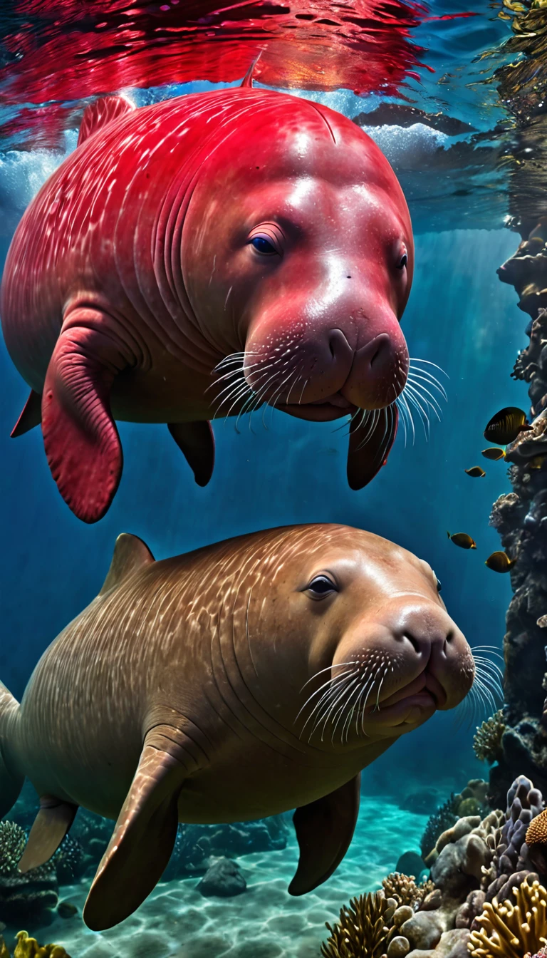 The best quality of the red dugong with a human face under the water，4K，8K，High level，masterpiece：1.2），Ultra Detailed，（lifelike，Photo real，Photo real：1.37），Highly detailed animals，Complex patterns，Realistic lighting，Fantasy Creatures