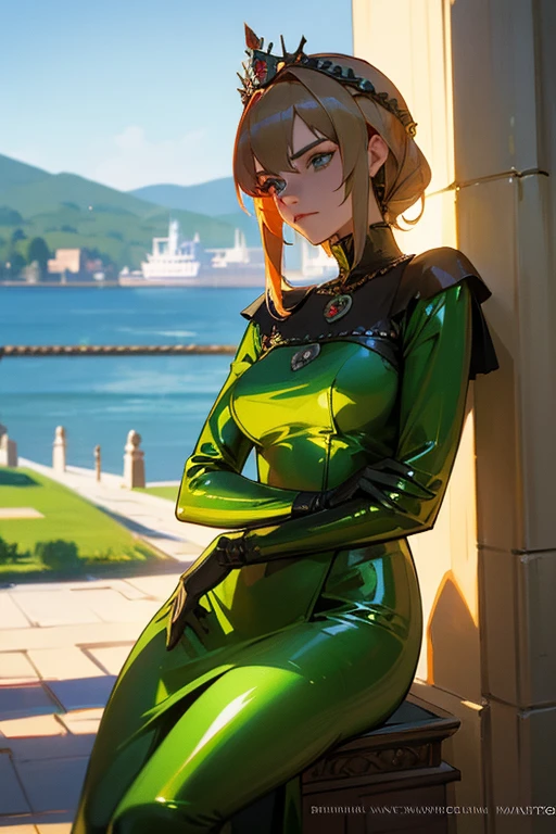 Adelaida Kane (queen mary stuart, reign series), wearing shiny latex green, strong pose, looking to the camera, near the lake, detailed, day time, Sun rays, ultra detailed photography, warm lighting, art station, 4k, sharp focus, high resolution, Masterpiece.