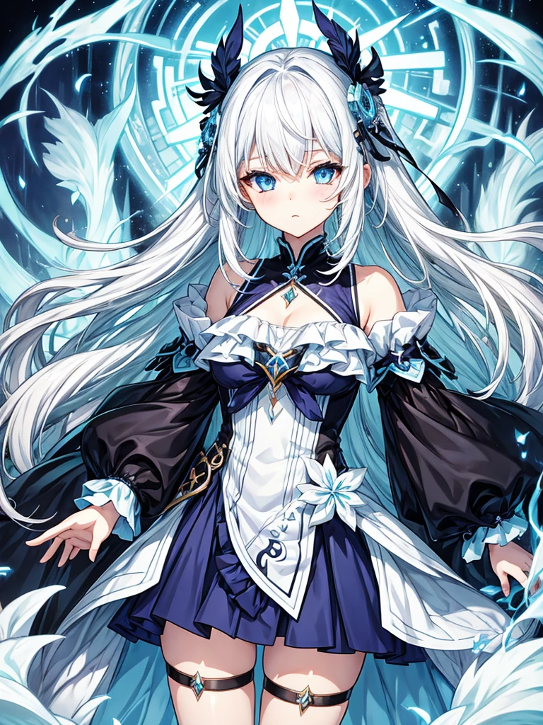 fantasy world girl with colorful hair, accessories, detailed clothes, white hair, dark blue eyes, blue and black clothes