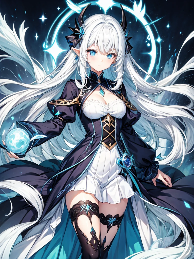 fantasy world girl with colorful hair, accessories, detailed clothes, white hair, dark blue eyes, blue and black clothes