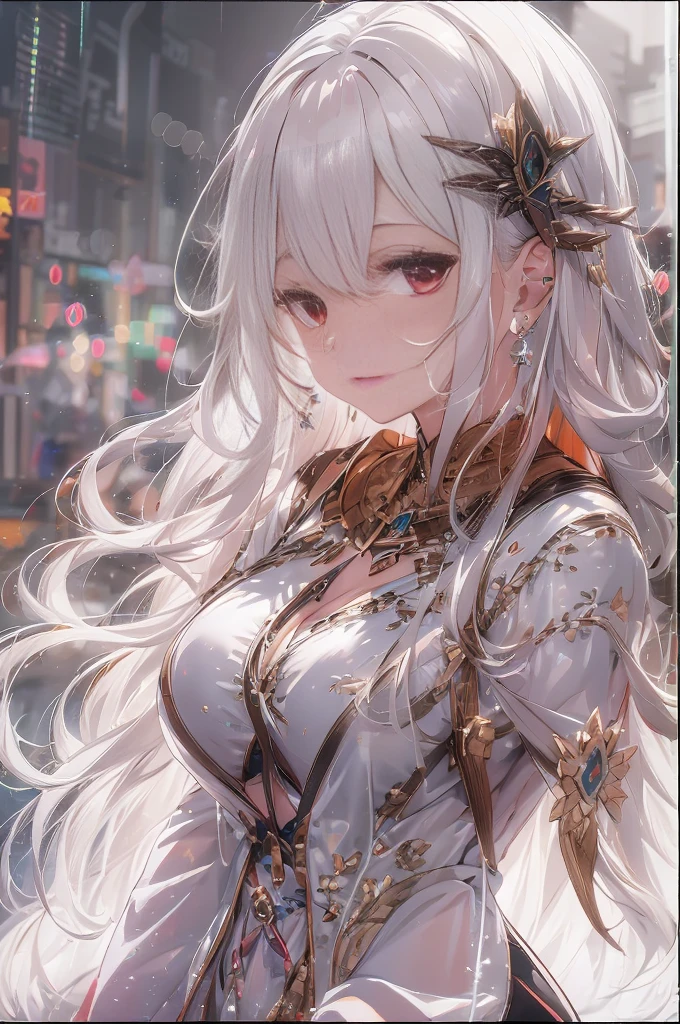 masterpiece, Highest quality, Very detailed, cinematic lightening, Exquisite detail, High resolution, Official Art, Beautifully detailed face and eyes, High resolutionのイラスト, 8K, Depth of written boundary, Bokeh, alone, One girl, A girl with white hair and red eyes, Long white hair, Beautiful red eyes, Beautiful Landscape, Rainy Town, Upper Body, View your viewers, close