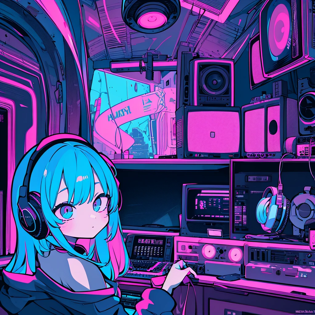 Best quality, (masterpiece:1.2), best detail face,1 girl, big breasts, 18 yo, 8k,absurdres,unity 8k wall paper,(extremely detailed:1.3), highest realistic, (retro headphones:1.1), (soft neon light:1.1), (psychedelic:1.2), Her room full of music equipment, Light clothing in summer, See the whole room, natural color palette, The weather outside can be seen from her room window.