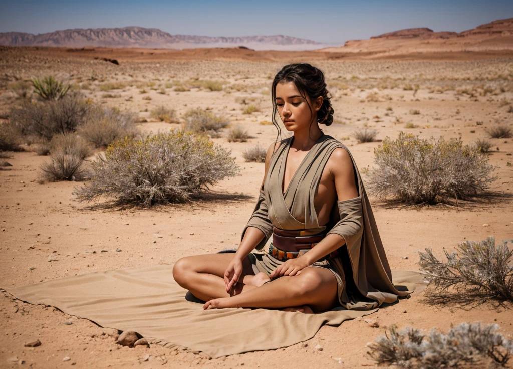(Jedi Meditation:1.3), Tranquil Photos,1 Girl, Jedi Master in Deep Meditation, Dressed in Jedi costume, Sit cross-legged, (Desert Oasis:1.1), Desert flowers blooming all around, Attuned to the Force, Retreat, Transcendent tranquility, Desert Enlightenment, absurd, Human Development Report, Ultra-detailed illustrations, Extremely detailed face, RAW photos, Film Grain, Skin pores, Popular on deviantart