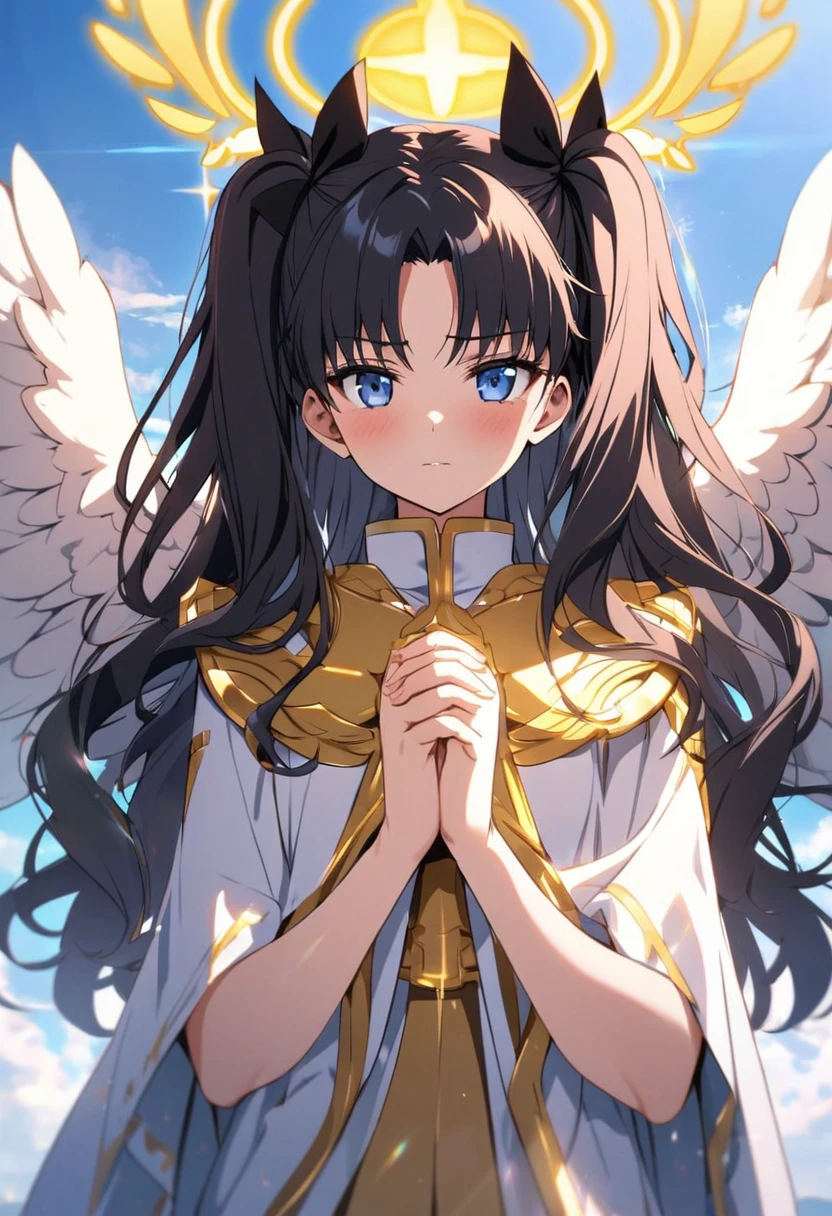 pov, Angel, praying, (Tohsaka Rin), (cosplay angel),extremly detailed face,blue sky,golden aura , halo