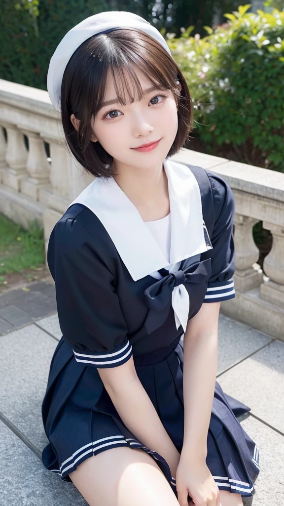 Black Hair、(School-designated sailor uniform:1.3)、short hair、hair accessory、Laugh a little、See-through、High-quality panties available、(Highest quality,masterpiece:1.3,Ultra-high resolution,),(Ultra-detailed,Caustics),(Photorealistic:1.4,RAW shooting,)Ultra-Realistic Capture,Very detailed,High resolution 16K human skin closeup。 The skin texture is natural、Detailed face and eyes、(Knee Up:1.3)、Sit on the stairy hair sways in the wind、Seductive pose、