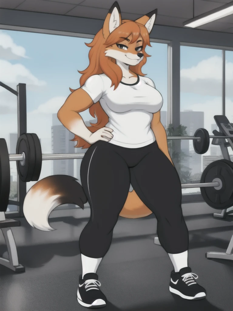 Furry, fox, female, white shirt, black leggings, shoes, gym, , standing, full body