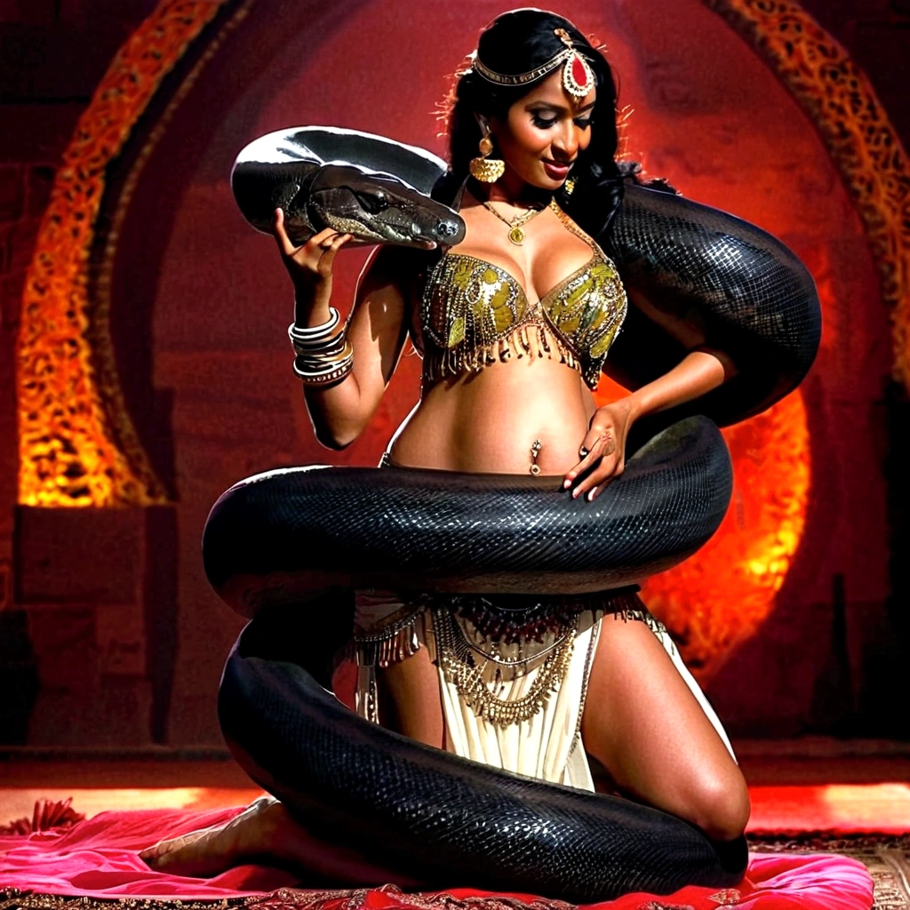 Pregnant Happy Horny, aroused 1girl), beautiful kneeling indian young belly dancer with giant colossal black titanboa squeezing her hard, wrapped in thick spiraling coils, constricted, struggle, gasping for air, snake attack, snake peril, moonless night, dim light