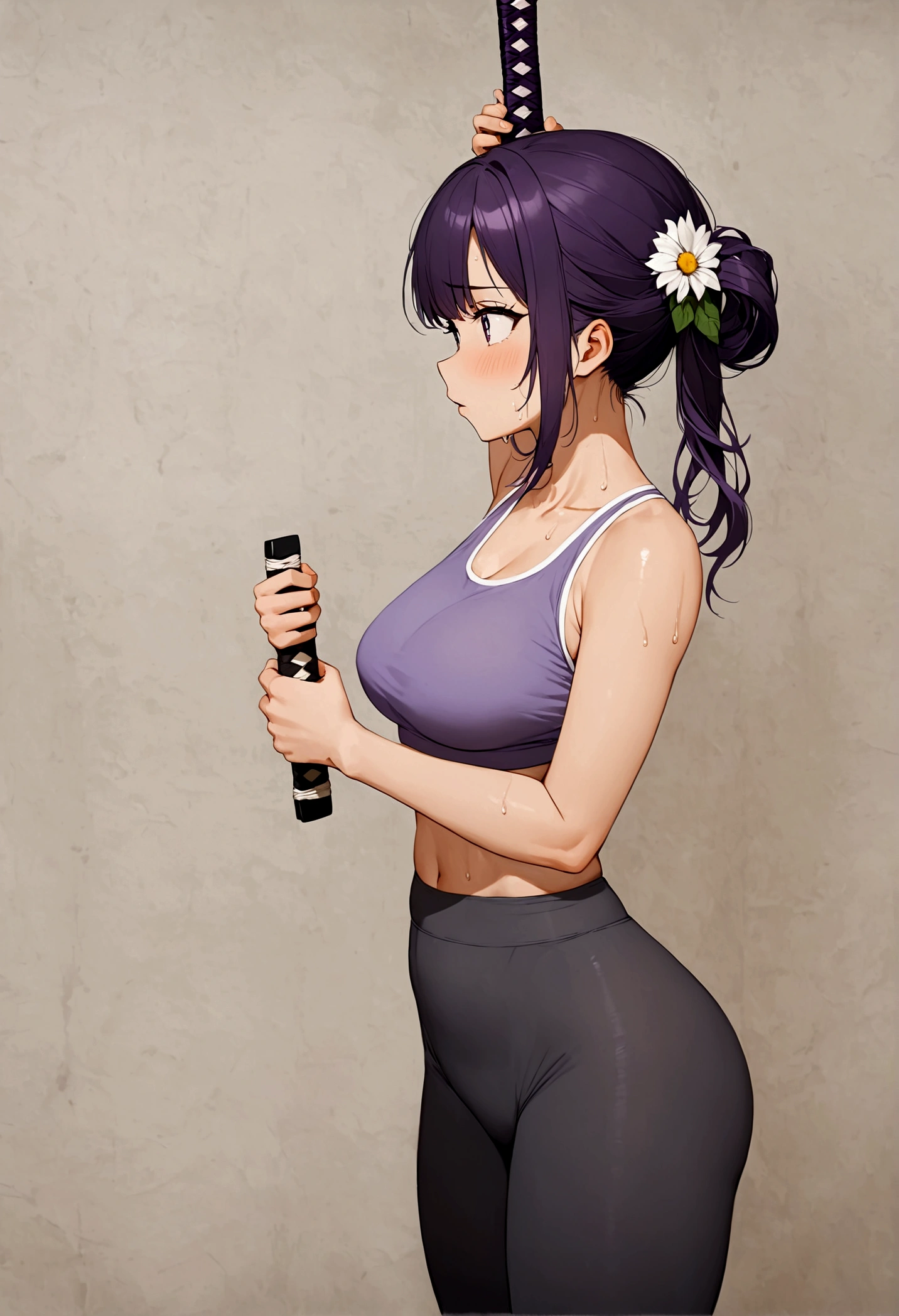 Anime girl with very long dark purple hair and a flower hair accessory Doing some katana swings training as she's sweating so much wearing sports leggings