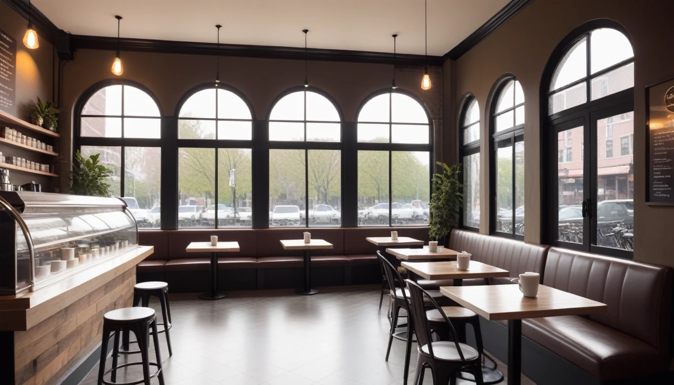 a frontal shot of a coffeeshop interior with a big window in the center and tables with coffee cups one them