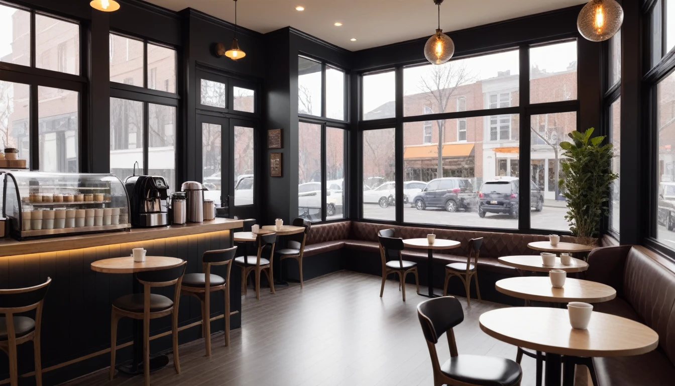 a frontal shot of a coffeeshop interior with a big window in the center and tables with coffee cups one them