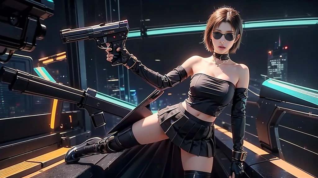 at night, futuristic sci-fi cyberpunk city, broad viaduct, skyscrapers at the end of the viaduct, the movie "13th Floor" style, hq. Matrix style, at night, (1girl, solo), photo realistic, (large-breast:1.2 slim body, cleavage), (((tube top, extreamly short pleated (((miniskirt))) exposing panty))), (((((matrix style black sunglasses))))), (((((aiming at camera with a (pistol)))))), (((half-body (thigh level) medium shot))), (cinematic lighting).
