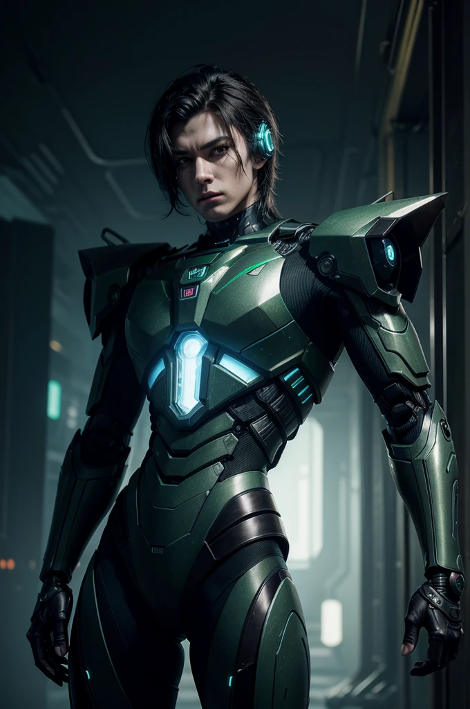 Dark_Fancy, cyberpunk, (pistol, 1.1), 1 man, mechanical wonder, robot presence, Cybernetics Guardian, green, 8k, simple background
