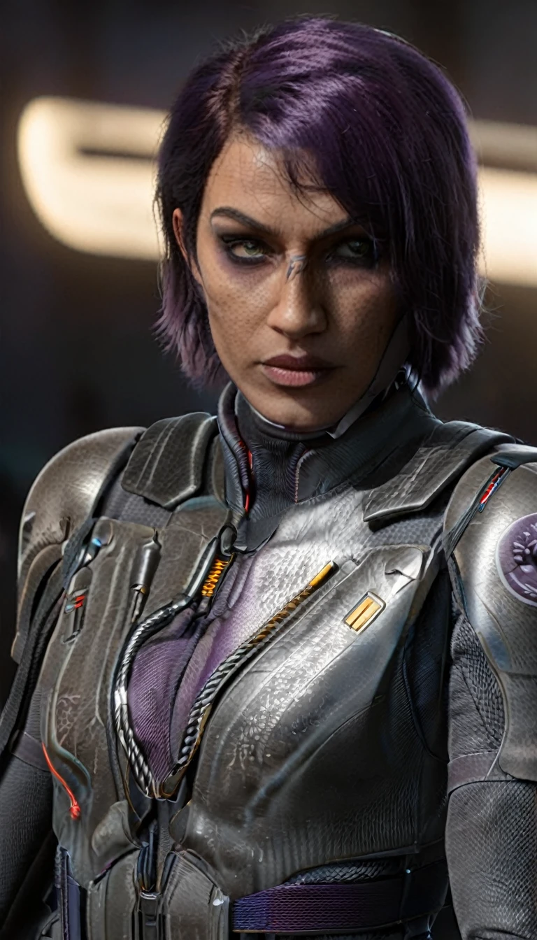 professional 3d model Cinematic scene, sabine wren, SILVER armor (HUGE BREASTS), Ghost in the Shell, detailed background, masterpiece, best quality, high quality, highres, absurdres . octane render, highly detailed, volumetric, dramatic lighting