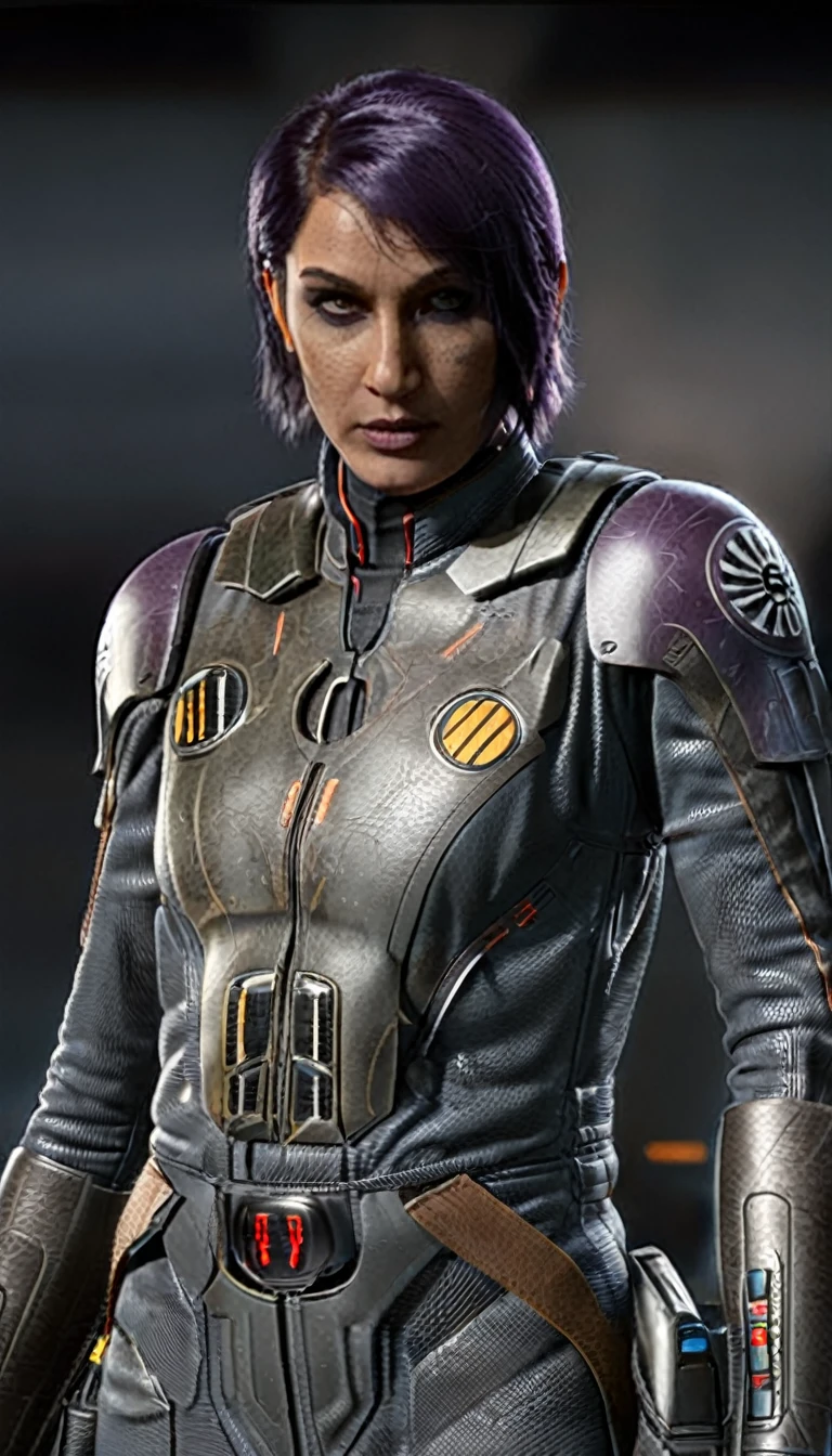 professional 3d model Cinematic scene, sabine wren, SILVER armor (HUGE BREASTS), Ghost in the Shell, detailed background, masterpiece, best quality, high quality, highres, absurdres . octane render, highly detailed, volumetric, dramatic lighting