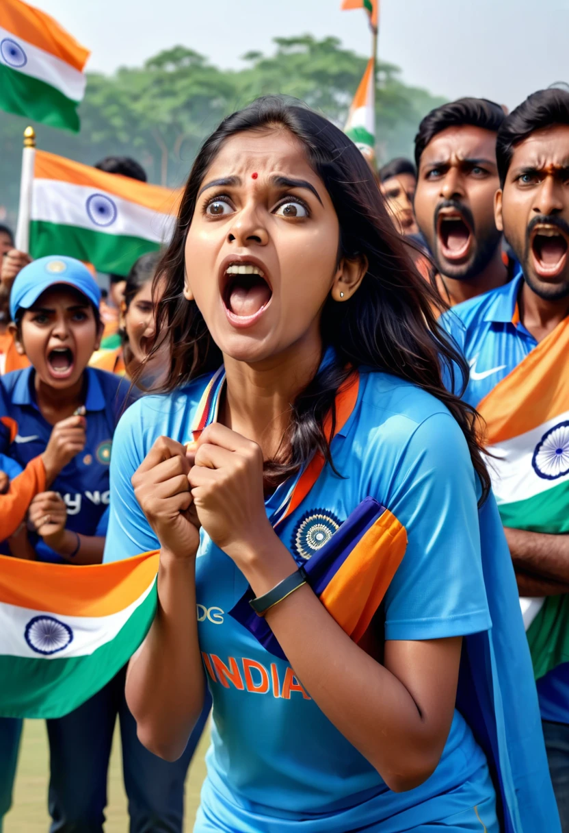 A poor young woman is holding India's World Cup, and she is shouting loudly, many indian cricket team mamber are standing there with the tricolor flag in their hands. ( realistic, 4k )