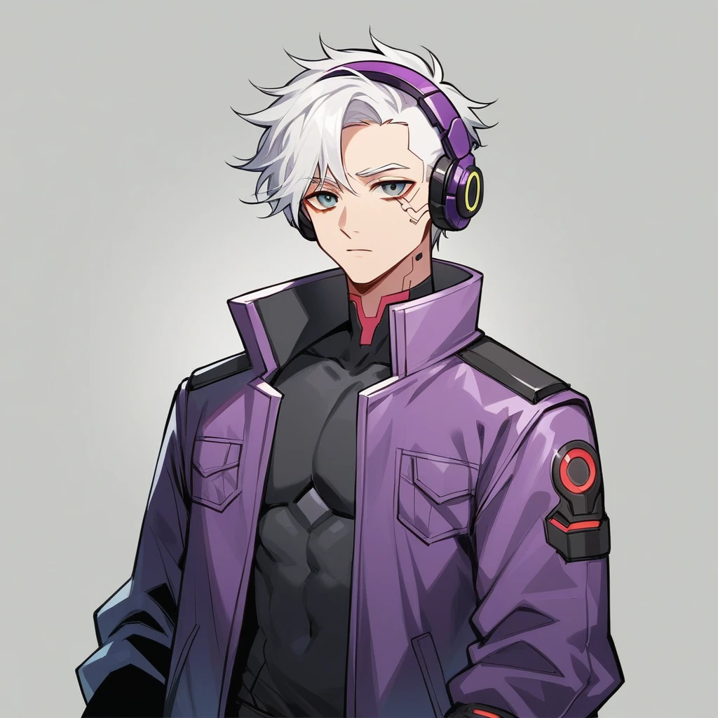 “Create a chibi-style character with a cyberpunk theme. male. The character should be wearing a black and purple jacket, white hair, futuristic headphones. electric design, They should also be holding a high-tech gun. The background should be dark and minimalistic to emphasize the character’s design. The overall color scheme should be black and purple, with glowing elements to enhance the cyberpunk aesthetic.”