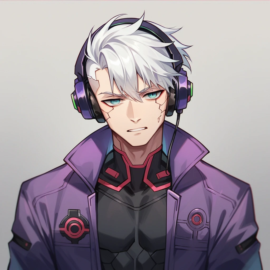 “Create a chibi-style character with a cyberpunk theme. male. The character should be wearing a black and purple jacket, white hair, futuristic headphones. electric design, They should also be holding a high-tech gun. The background should be dark and minimalistic to emphasize the character’s design. The overall color scheme should be black and purple, with glowing elements to enhance the cyberpunk aesthetic.”