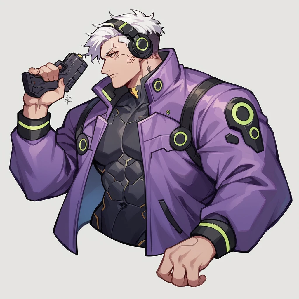 “Create a chibi-style character with a cyberpunk theme. male. The character should be wearing a black and purple jacket, white hair, futuristic headphones. electric design, They should also be holding a high-tech gun. The background should be dark and minimalistic to emphasize the character’s design. The overall color scheme should be black and purple, with glowing elements to enhance the cyberpunk aesthetic.”