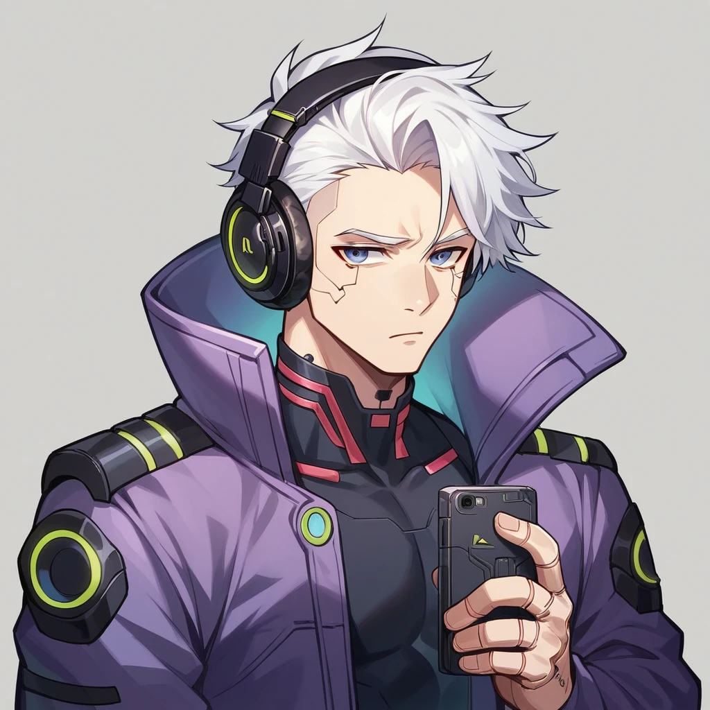 “Create a chibi-style character with a cyberpunk theme. male. The character should be wearing a black and purple jacket, white hair, futuristic headphones. electric design, They should also be holding a high-tech gun. The background should be dark and minimalistic to emphasize the character’s design. The overall color scheme should be black and purple, with glowing elements to enhance the cyberpunk aesthetic.”