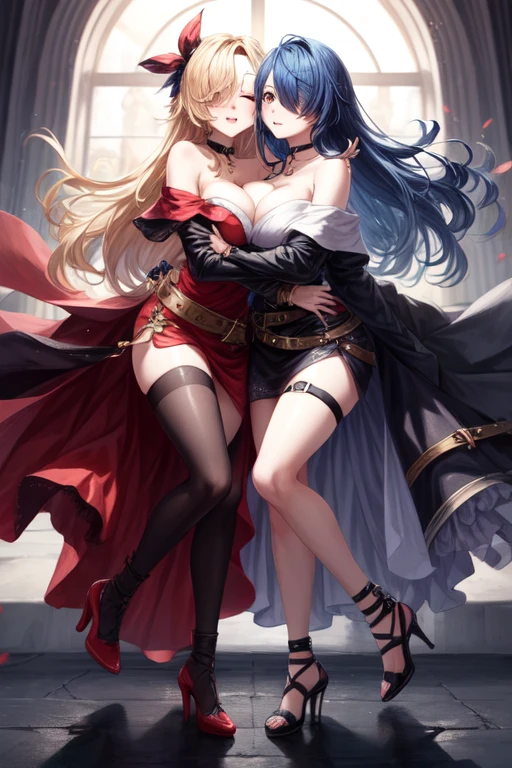 hair covering one eye,off-shoulder,belt,legbelt,choker,high heels,large breasts,deep kiss,hug,