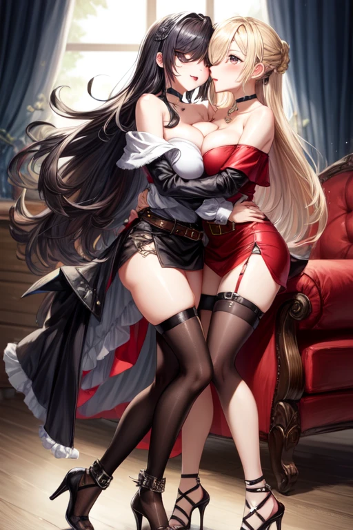 hair covering one eye,off-shoulder,belt,legbelt,choker,high heels,large breasts,deep kiss,hug,