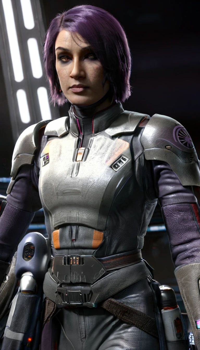 professional 3d model Cinematic scene, sabine wren, SILVER armor HUGE BREASTS, Ghost in the Shell, detailed background, masterpiece, best quality, high quality, highres, absurdres . octane render, highly detailed, volumetric, dramatic lighting