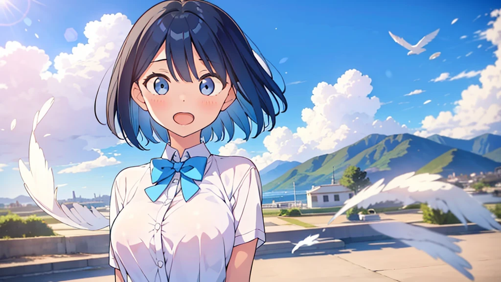 masterpiece, best quality, solo, ,
short hair, blue hair, straight hair, blue eyes, white shirt, falda corta open mouth, bowtie, large breasts, button gap, blank eyes,
blue sky, wind,