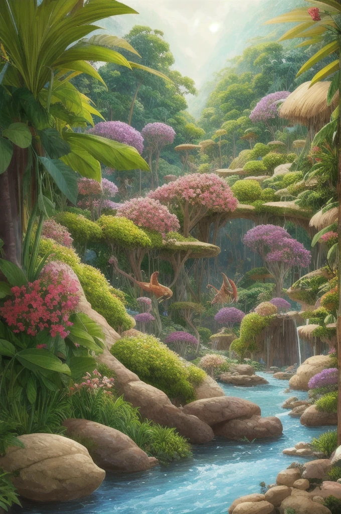 a painting of a jungle scene with flowers and plants, 🌺 cgsociety, art nouveau jungle environment, . background: jungle river, by Ryan Yee, beautiful illustration, ross tran. scenic background, art contest winner on behance, by Andrée Ruellan, beautiful jungle, by sylvain sarrailh, jen bartel, floral environment, anime nature wallpap