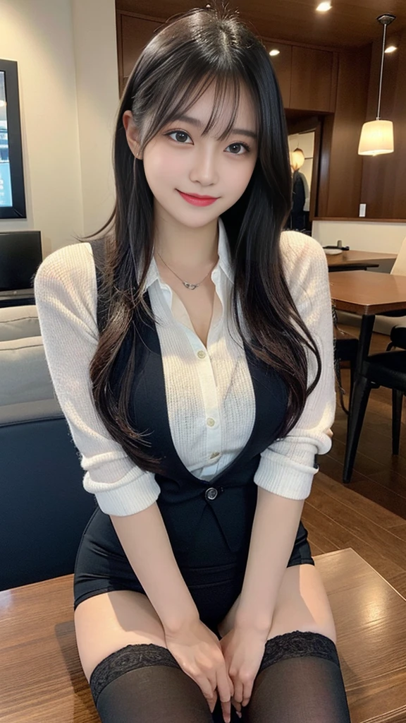 Tabletop, Highest quality, shape, Very detailed, finely, High resolution, 8k wallpaper,short hair、 完璧なダイナミックな構shape, Beautiful and beautiful eyes, suit,Natural color lip, smile、18-year-old girl,If you are wearing black tights or stockings、Plump thighs、Shortcuts、Luxury lace panties、