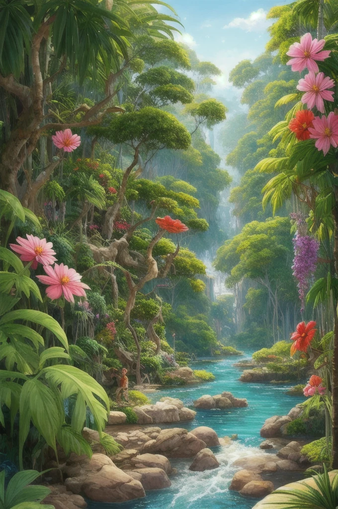 a painting of a jungle scene with flowers and plants, 🌺 cgsociety, art nouveau jungle environment, . background: jungle river, by Ryan Yee, beautiful illustration, ross tran. scenic background, art contest winner on behance, by Andrée Ruellan, beautiful jungle, by sylvain sarrailh, jen bartel, floral environment, anime nature wallpap