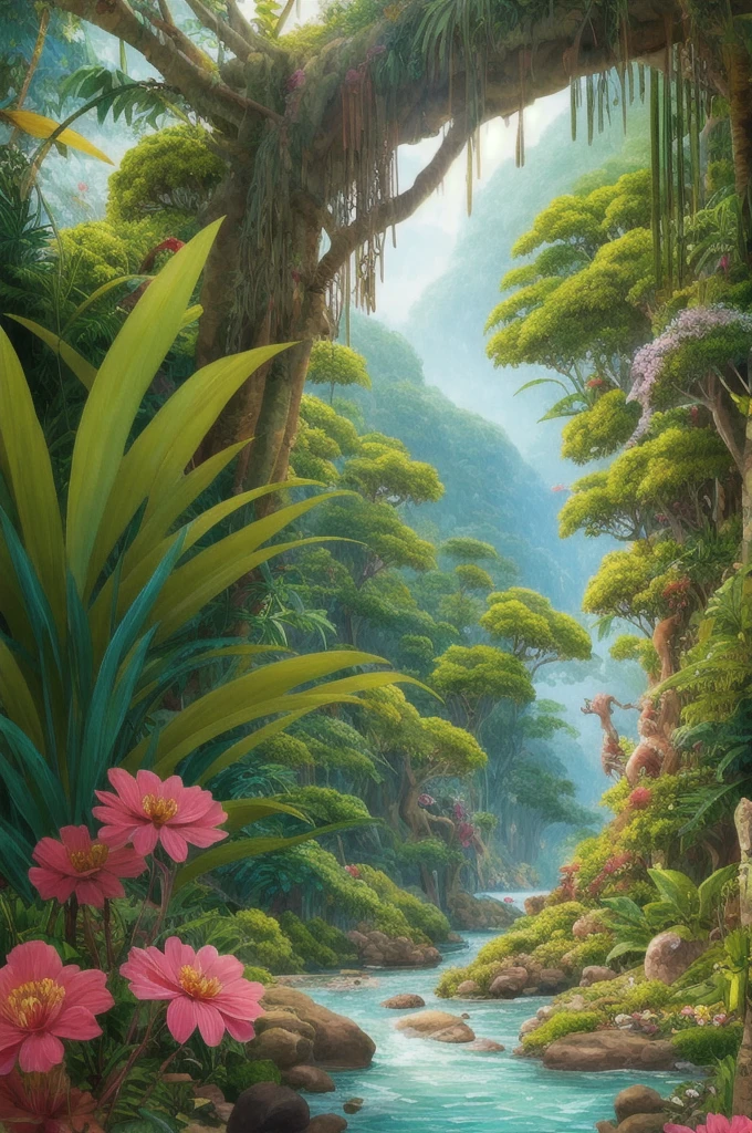 a painting of a jungle scene with flowers and plants, a digital painting by Ryan Yee, trending on cgsociety, conceptual art, 🌺 cgsociety, art nouveau jungle environment, . background: jungle river, beautiful illustration, ross tran. scenic background, art contest winner on behance, beautiful jungle, jen bartel, floral environment, anime nature wallpap, mysterious jungle painting