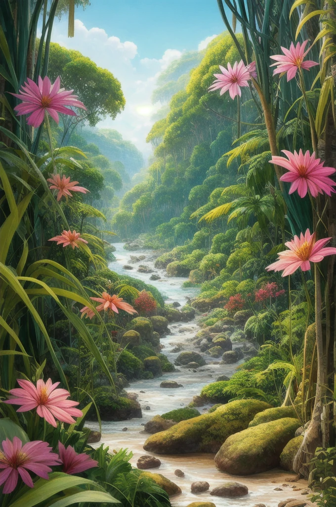 a painting of a jungle scene with flowers and plants, a digital painting by Ryan Yee, trending on cgsociety, conceptual art, 🌺 cgsociety, art nouveau jungle environment, . background: jungle river, beautiful illustration, ross tran. scenic background, art contest winner on behance, beautiful jungle, jen bartel, floral environment, anime nature wallpap, mysterious jungle painting