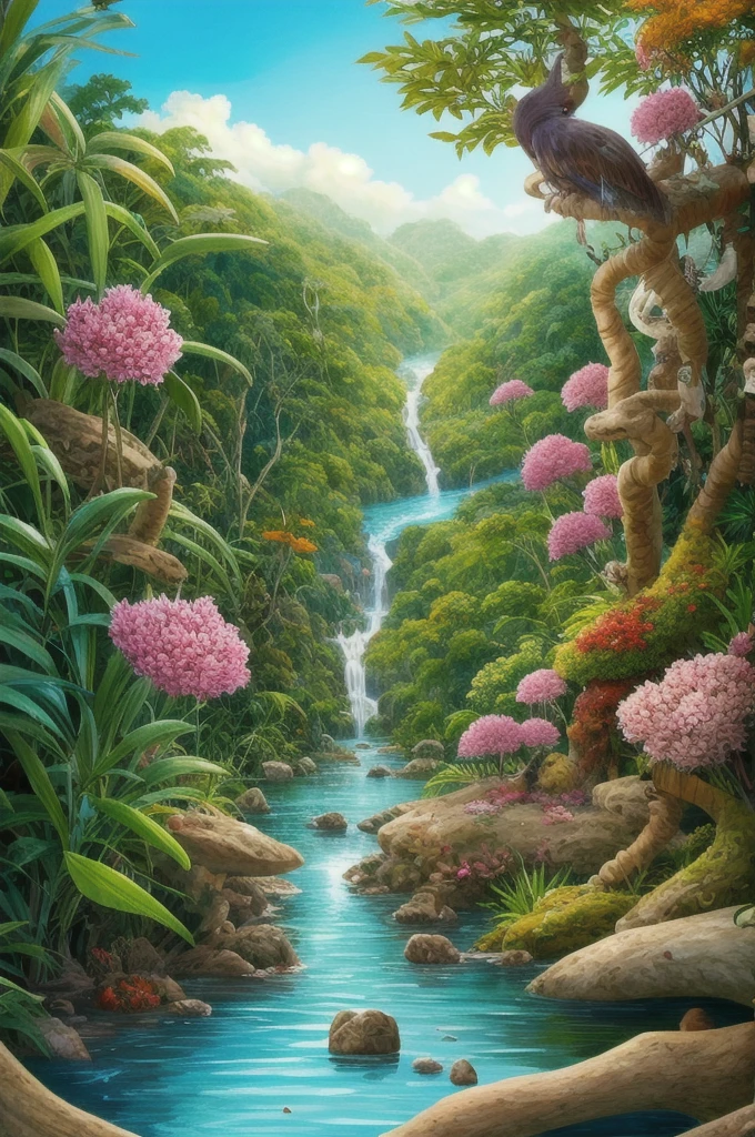 a painting of a jungle scene with flowers and plants, a digital painting by Ryan Yee, trending on cgsociety, conceptual art, 🌺 cgsociety, art nouveau jungle environment, . background: jungle river, beautiful illustration, ross tran. scenic background, art contest winner on behance, beautiful jungle, jen bartel, floral environment, anime nature wallpap, mysterious jungle painting