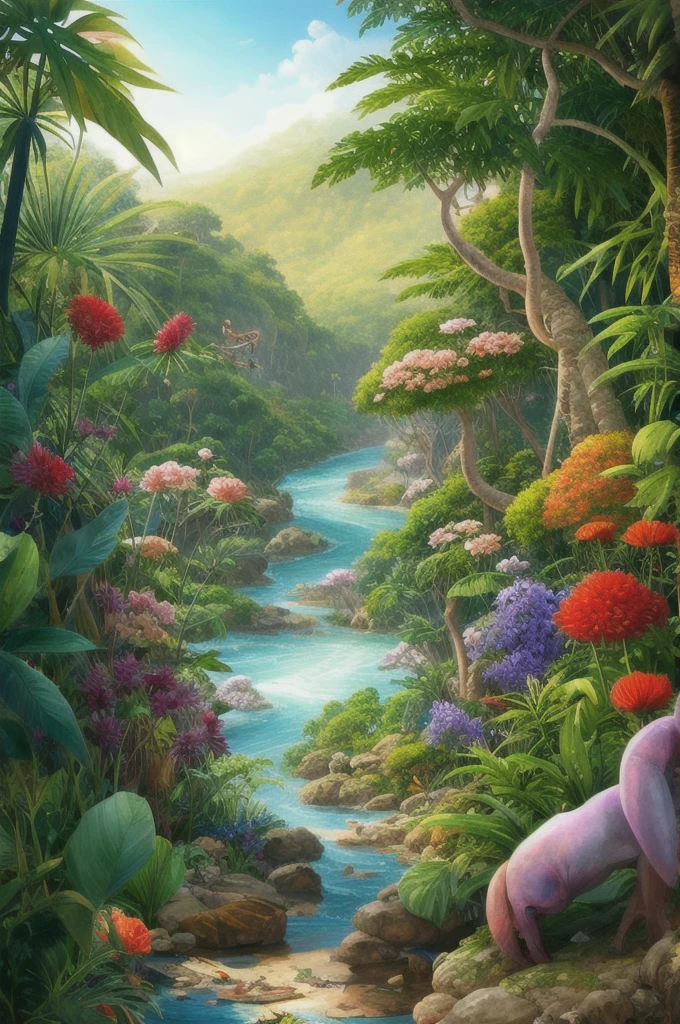 a painting of a jungle scene with flowers and plants, a digital painting by Ryan Yee, trending on cgsociety, conceptual art, 🌺 cgsociety, art nouveau jungle environment, . background: jungle river, beautiful illustration, ross tran. scenic background, art contest winner on behance, beautiful jungle, jen bartel, floral environment, anime nature wallpap, mysterious jungle painting