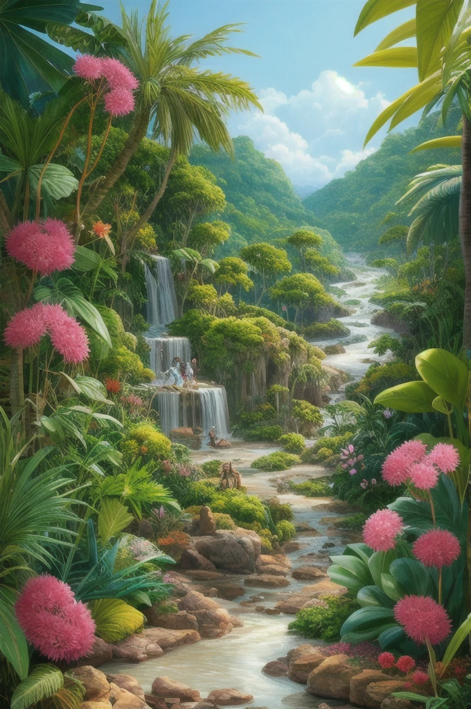 a painting of a jungle scene with flowers and plants, a digital painting by Ryan Yee, trending on cgsociety, conceptual art, 🌺 cgsociety, art nouveau jungle environment, . background: jungle river, beautiful illustration, ross tran. scenic background, art contest winner on behance, beautiful jungle, jen bartel, floral environment, anime nature wallpap, mysterious jungle painting