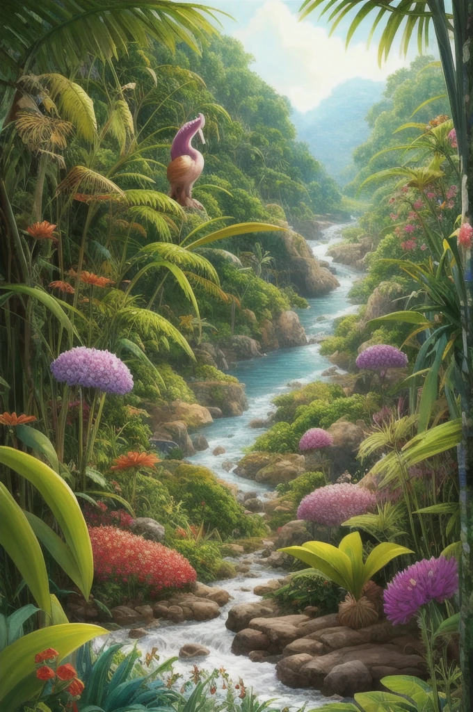 a painting of a jungle scene with flowers and plants, a digital painting by Ryan Yee, trending on cgsociety, conceptual art, 🌺 cgsociety, art nouveau jungle environment, . background: jungle river, beautiful illustration, ross tran. scenic background, art contest winner on behance, beautiful jungle, jen bartel, floral environment, anime nature wallpap, mysterious jungle painting
