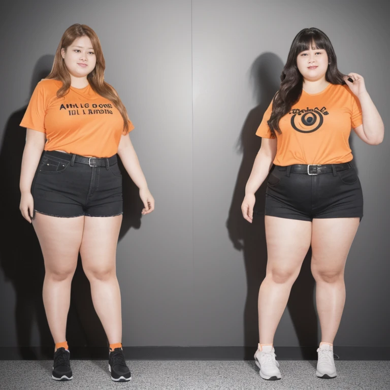 Araped woman wearing an orange shirt standing next to another woman wearing black shorts, Full body wide shot, full body photo, full body photo, Short and sturdy woman, The picture is large, fat ), full body photo, full body photo, full body image, overweight, full body shot, fat 여자, Overall - body and head view, an fat
