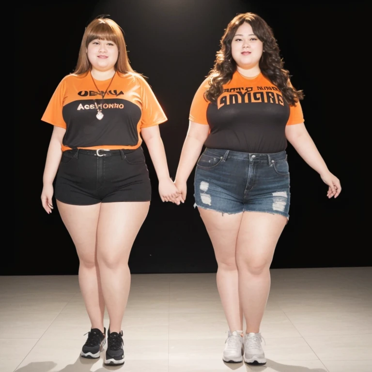 Araped woman wearing an orange shirt standing next to another woman wearing black shorts, Full body wide shot, full body photo, full body photo, Short and sturdy woman, The picture is large, fat ), full body photo, full body photo, full body image, overweight, full body shot, fat 여자, Overall - body and head view, an fat