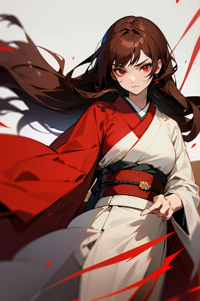 There is a well-dressed character with red and scarlet eyes and beautiful brown hair and well dressed in a kimono and a look of superiority of arrogance as if she were a goddess give an aura of arrogance