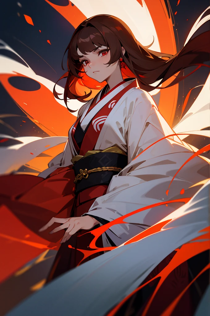 There is a well-dressed character with red and scarlet eyes and beautiful brown hair and well dressed in a kimono and a look of superiority of arrogance as if she were a goddess give an aura of arrogance