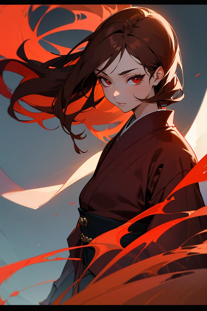 There is a well-dressed character with red and scarlet eyes and beautiful brown hair and well dressed in a kimono and a look of superiority of arrogance as if she were a goddess give an aura of arrogance
