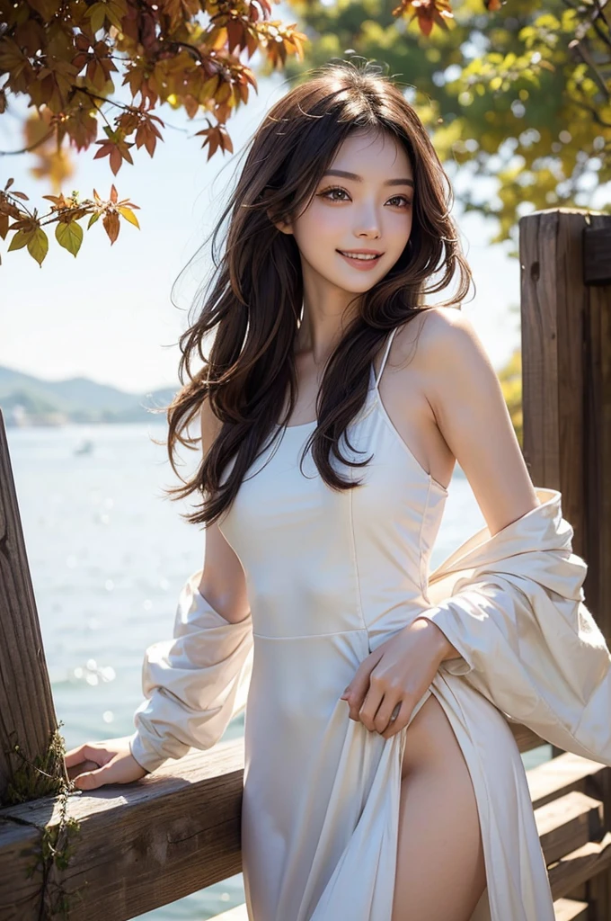 8K Super Resolution、Beauty、One Lady、Dark Brown Hair:1.1、Ultra-detailed face、Detailed lips、important、(Eyes meet)、double eyelid、Princess Eyes、 Beautiful Japanese Woman、Beautiful Japanese Woman、 Sensual lips、Bewitching body、Bust size 82、8 Life-size、Standing in a provocative pose facing forward with a well-balanced, natural body、Girlfriend in her 20s、(28 years old)、far and near method、Smiling with a nice smile、 wearing white one piece dress、Hair blowing in the wind、Clear images、The sparkle of tiny eyes、Fine autumn leaves dyed red、color々Hair style、